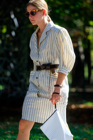 jacket dress, tailor collar dress, white dress, striped dress, balloon sleeves, mid long sleeves dress, mid long dress, button dress, scale sunglasses, butterfly sunglasses, belted dress, brown leather belt, multi belt, white bag, striped bag, fashion week, frenchystyle, FW, jonathan paciullo, street style, vertical, atmosphere details, detail, MFW, MILAN, SPRING SUMMER 2020, SS 20