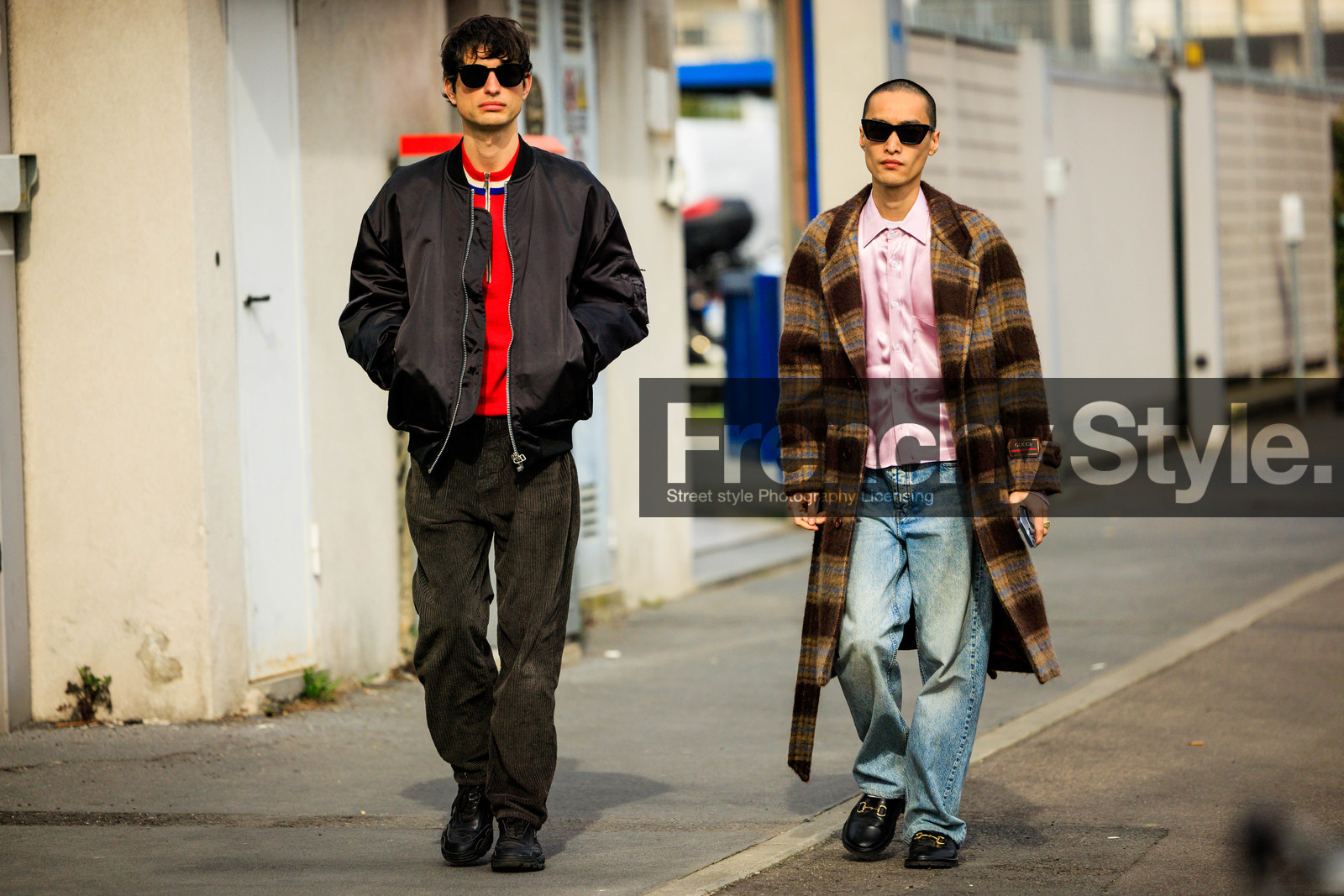 bomber jacket, black jacket, menswear, baggy pants, corduroy pants, red zipped top, black sunglasses, plaid coat, wool coat, brown coat, mini pink skirt, silk shirt, jeans, baggy jeans, black derbies, black shoes, black leather derbies, street style, jonathan paciullo, FW, frenchystyle, fashion week, MFW, MILAN, FALL WINTER 2022_2023, AUTUMN WINTER 2022-2023, FW 22-23, horizontal, atmosphere details, full length