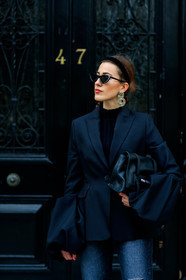 black bag, black jacket, black sweater, blazer, earrings, leather bag, miu miu, sunglasses, trousers, street style, jonathan paciullo, FW, frenchystyle, fashion week, LFW, LONDON, AUTUMN WINTER 2018-2019, AW 18-19, FALL WINTER 2018-2019, FW 18-19, vertical, atmosphere details, detail, julia haghjoo