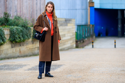black bag, black shoes, blue jacket, brown coat, graphic pants, gucci, leather bag, leather shoes, navy pant, printed jacket, printed pants, red sweater, striped jacket, trousers, street style, jonathan paciullo, FW, frenchystyle, fashion week, LFW, LONDON, AUTUMN WINTER 2018-2019, AW 18-19, FALL WINTER 2018-2019, FW 18-19, horizontal, atmosphere details, full length