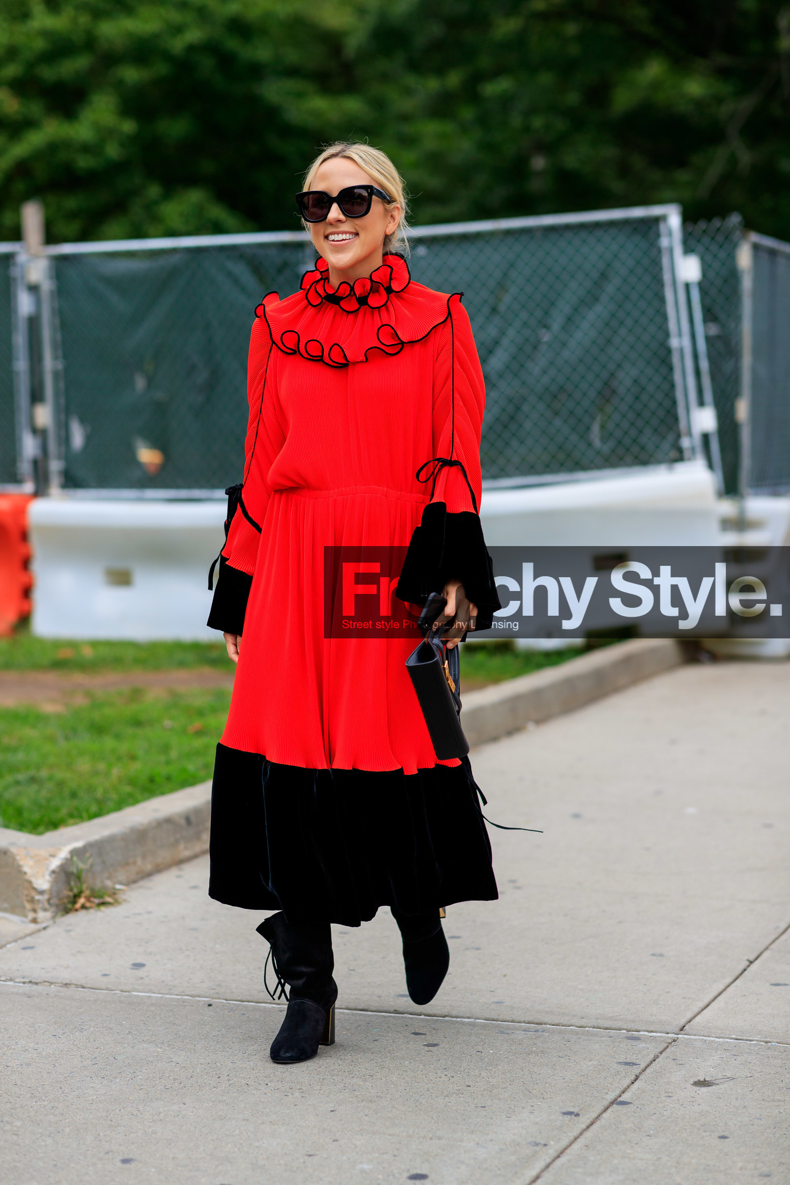 black bag, black shoes, high heels, leather bag, leather shoes, mini bag, red dress, ruffles, sunglasses, street style, jonathan paciullo, FW, frenchystyle, fashion week, NEW YORK, NYFW, SPRING SUMMER 2020, SS 20, vertical, full length