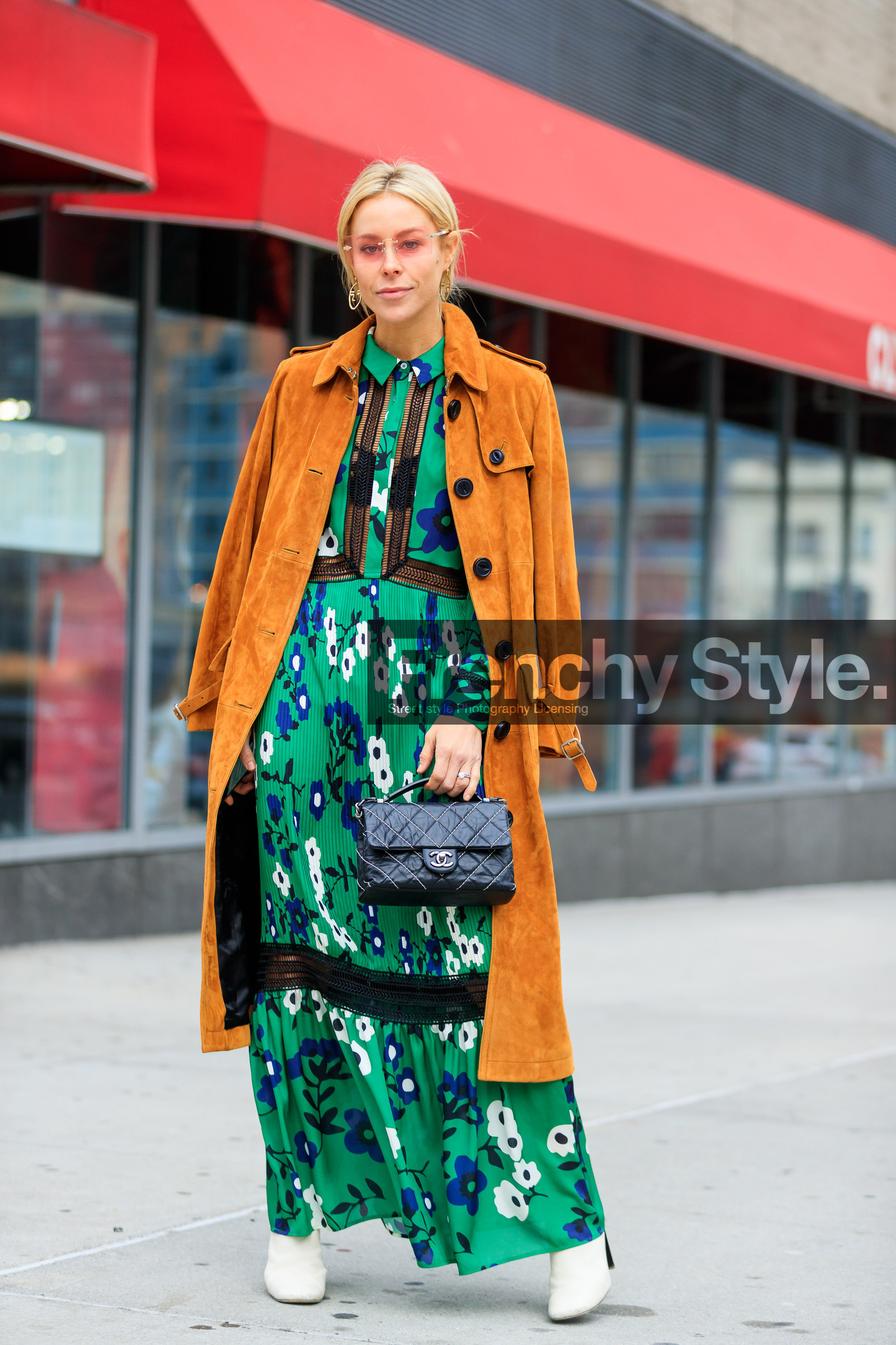 black bag, camel coat, chanel handbag, floral, flowers, graphic dress, green dress, leather bag, leather coat, leather shoes, over the shoulder, printed dress, suede jacket, trench coat, white boots, street style, jonathan paciullo, FW, frenchystyle, fashion week, NYFW, NEW YORK, AUTUMN WINTER 2018-2019, AW 18-19, FALL WINTER 2018-2019, FW 18-19, vertical, full length