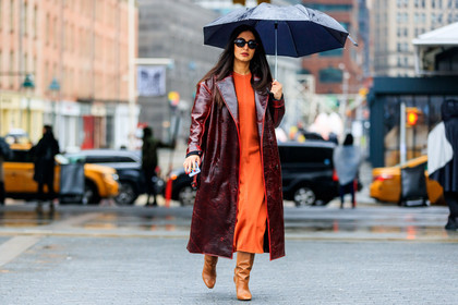 bordeaux, burgundy, camel shoes, high boots, high heels, leather coat, leather shoes, orange dress, red coat, sunglasses, umbrella, street style, jonathan paciullo, FW, frenchystyle, fashion week, NYFW, NEW YORK, AUTUMN WINTER 2018-2019, AW 18-19, FALL WINTER 2018-2019, FW 18-19, atmosphere details, horizontal, full length, nausheen shah