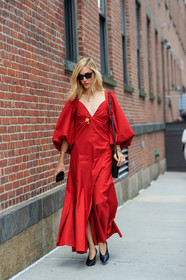 black bag, black shoes, high heels, joanna hillman, leather bag, leather shoes, red dress, sunglasses, street style, jonathan paciullo, FW, frenchystyle, fashion week, NEW YORK, NYFW, SPRING SUMMER 2020, SS 20, vertical, full length