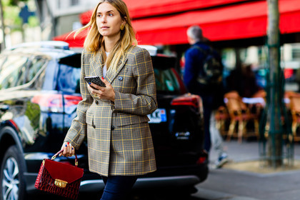 atmosphere details, balenciaga, blue denim, bold shoulders, brown jacket, burgundy, checked jacket, checked suit, denim pants: jeans: bordeaux, detail, fashion week, frenchystyle, FW, graphic jacket, horizontal, jonathan paciullo, leather bag, PARIS, pernille teisbaek, PFW, plaid, printed jacket, red bag, SPRING SUMMER 2017, SS 17, street style, tartan, trousers