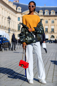 camo jacket, camouflage, down jacket, graphic jacket, green jacket, leather bag, leather shoes, off the shoulder, orange sweater, printed jacket, red bag, stripes, sunglasses, trousers, white pants, white sneakers, street style, jonathan paciullo, FW, frenchystyle, fashion week, PFW, PARIS, AUTUMN WINTER 2018-2019, FALL WINTER 2018-2019, FW 18-19, vertical, full length, model