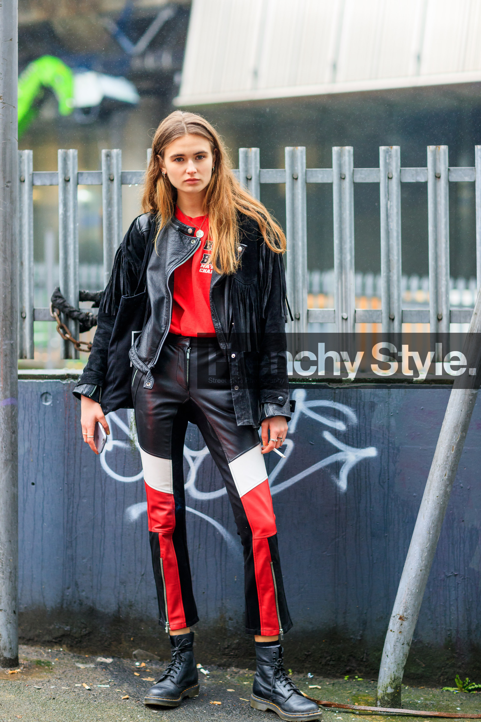 black bag, black jacket, black pants, black shoes, graphic pants, leater pant, leather bag, leather jacket, leather pants, leather shoes, printed pants, red t shirt, trousers, street style, jonathan paciullo, FW, frenchystyle, fashion week, LFW, LONDON, AUTUMN WINTER 2018-2019, AW 18-19, FALL WINTER 2018-2019, FW 18-19, vertical, full length, model, frankie mason