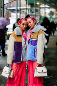 Ami and Aya Suzuki, braids, carolina herrera, dyed hair, fur jacket, graphic jacket, leather bag, multicolor jacket, pink hair, printed jacket, red lips, red skirt, shearling, white bag, street style, jonathan paciullo, frenchystyle, NYFW, NEW YORK, AUTUMN WINTER 2019-2020, AW 19-20, FALL WINTER 2019-2020, FW 19-20, fashion week, FW, vertical, atmosphere details, detail