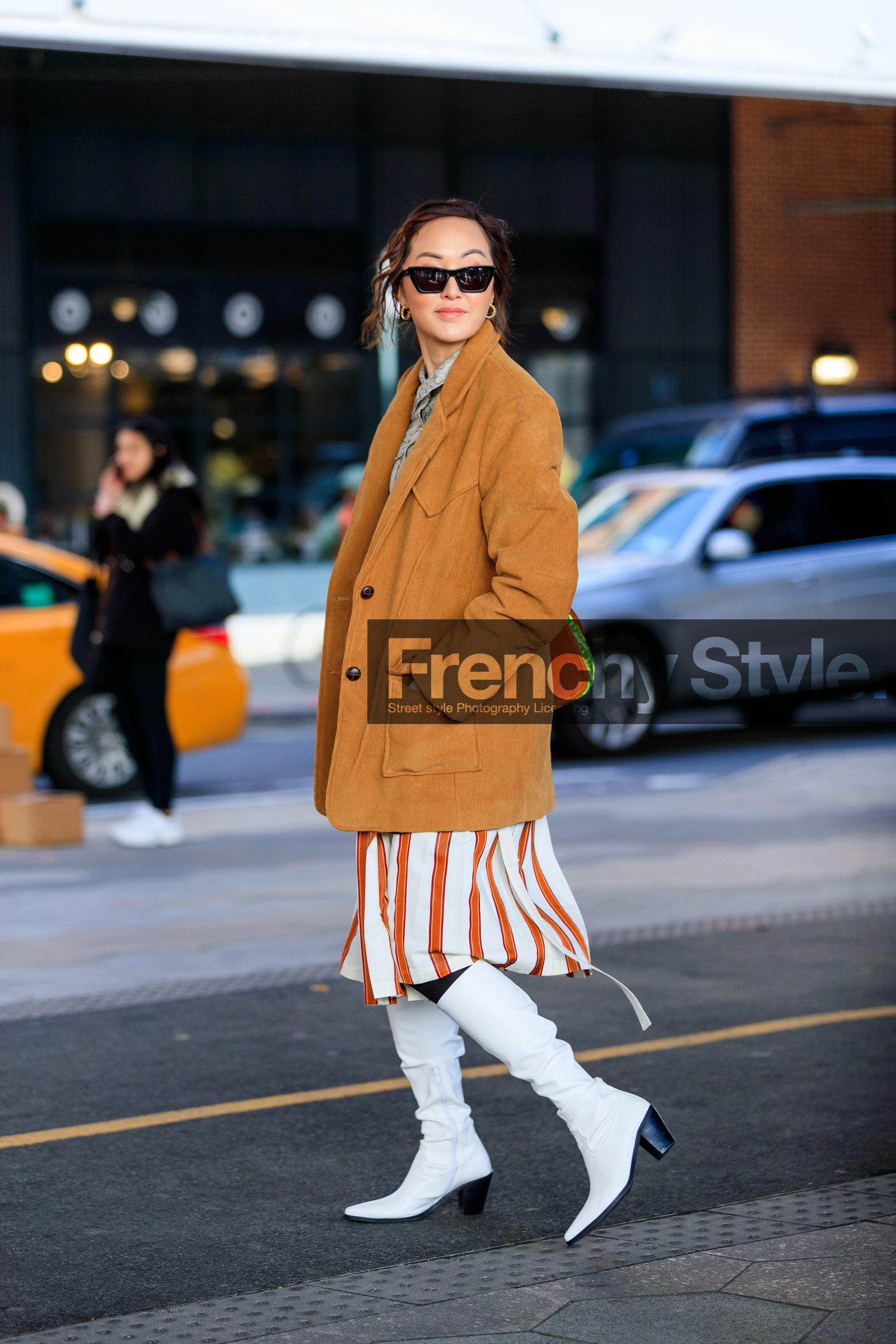 brown jacket, Chriselle Lim, corduroy, graphic skirt, high boots, high heels, leather shoes, printed skirt, striped skirt, sunglasses, white boots, white skirt, street style, jonathan paciullo, frenchystyle, NYFW, NEW YORK, AUTUMN WINTER 2019-2020, AW 19-20, FALL WINTER 2019-2020, FW 19-20, fashion week, FW, vertical, full length