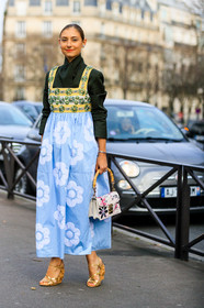 jenny walton, light blue dress, sequins dress, pearl embroidered dress, floral printed dress, long dress, sleeveless dress, black jacket, high collar jacket, golden sandals, platform sandals, white leather bag, floral printed bag, painted bag, hand bag, purple bag, purple leather bag, pink leather bag, pink bag, strassed dress, strassed earrings, flowers earrings, miu miu bag, miu miu dress, miu miu look, miu miu shoes, fashion week, frenchystyle, FW, jonathan paciullo, street style, PFW, PARIS, vertical, full length