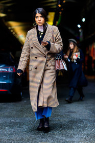 black shoes, brown bag, brown jacket, checked, graphic bag, graphic jacket, leather bag, leather shoes, necklace, plaid, printed bag, printed jacket, street style, jonathan paciullo, FW, frenchystyle, fashion week, LFW, LONDON, AUTUMN WINTER 2018-2019, AW 18-19, FALL WINTER 2018-2019, FW 18-19, vertical, full length