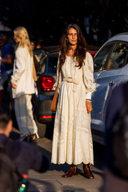 bohemian, boots, brown bag, brown boots, Chiara Totire, crochet, crochet belt, dress, embroidery, leather bag, leather boots, white belt, white dress, fashion week, frenchystyle, FW, jonathan paciullo, street style, MFW, MILAN, SPRING SUMMER 2022, SS 22, vertical, full length