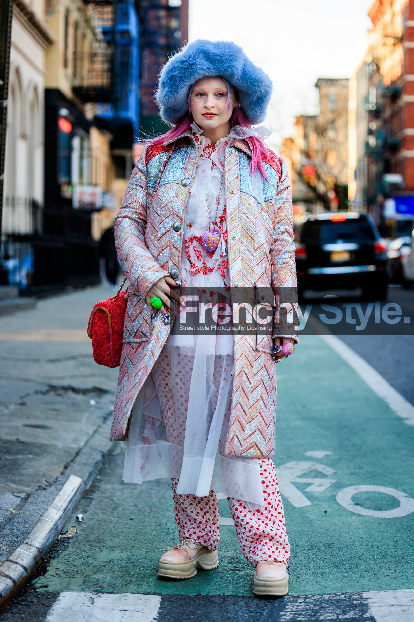 fluffy hat, funky look, green ring, pink hair, pink eyes, blue hat, furry hat, chunky ballerinas, pink shoes, pink coat, transparent longdress, lace dress, english broderies dress, red dot pants, printed pants, heart necklace, pendant necklace, fashion week, frenchystyle, FW, jonathan paciullo, street style, NYFW, NEW YORK, AUTUMN WINTER 2022-2023, FALL WINTER 2022_2023, FW 22-23, vertical, full length