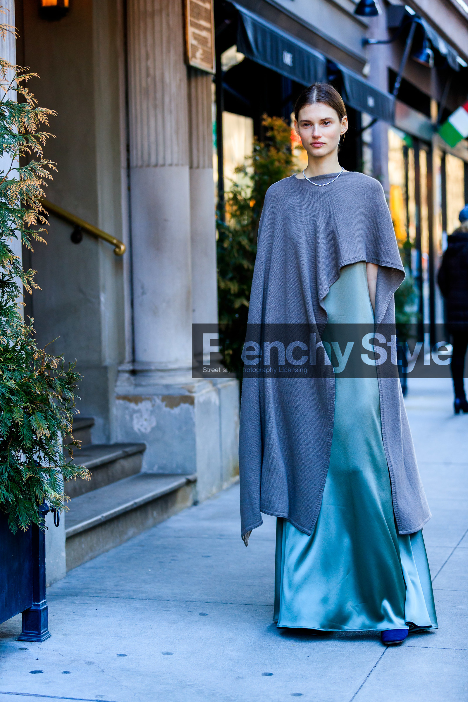 asymetric, Giedrė Dukauskaitė, green dress, grey scarf, grey sweater, model, necklace, street style, jonathan paciullo, frenchystyle, NYFW, NEW YORK, AUTUMN WINTER 2019-2020, AW 19-20, FALL WINTER 2019-2020, FW 19-20, fashion week, FW, vertical, full length