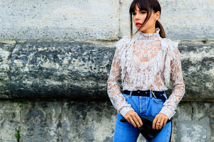 atmosphere details, black bag, black belt, blue denim, denim pants, detail, Evangelie Smyrniotaki, fashion week, frenchystyle, FW, horizontal, jeans, jonathan paciullo, lace top, leather bag, PARIS, PFW, SPRING SUMMER 2017, SS 17, street style, trousers, white top