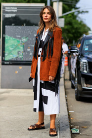black and white, brown jacket, brown sandals, fringes, graphic shoes, jen wonders, leather shoes, printed dress, printed shoes, suede jacket, street style, jonathan paciullo, FW, frenchystyle, fashion week, NEW YORK, NYFW, SPRING SUMMER 2020, SS 20, vertical, full length
