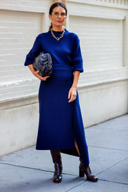 black bag, blue skirt, blue sweater, brown boots, high heels, leather bag, leather shoes, mansur gabriel, necklace, sunglasses, street style, jonathan paciullo, FW, frenchystyle, fashion week, NEW YORK, NYFW, SPRING SUMMER 2020, SS 20, vertical, full length