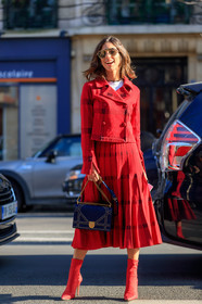 black bag, blue bag, christian dior, graphic bag, graphic jacket, graphic skirt, high heels, leather bag, leather shoes, pleated skirt, printed bag, printed jacket, printed skirt, red jacket, red shoes, red skirt, sunglasses, street style, jonathan paciullo, FW, frenchystyle, fashion week, PFW, PARIS, AUTUMN WINTER 2018-2019, FALL WINTER 2018-2019, FW 18-19, vertical, full length