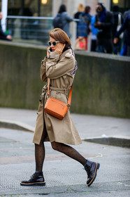 beige trench coat, orange leather bag, crossbody bag, black tights, plumetis tights, burgundy leather boots, flat boots, laced boots, plaited boots, white sunglasses, fashion week, frenchystyle, FW, jonathan paciullo, street style, PFW, PARIS, vertical, full length