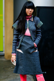 earrings, embroidered jacket, glitter, grey jacket, grey skirt, pink sweater, susie lau, LONDON, LFW, fashion week, frenchystyle, FW, jonathan paciullo, street style, AUTUMN WINTER 2019-2020, AW 19-20, FW 19-20, FALL WINTER 2019-2020, vertical, atmosphere details, detail