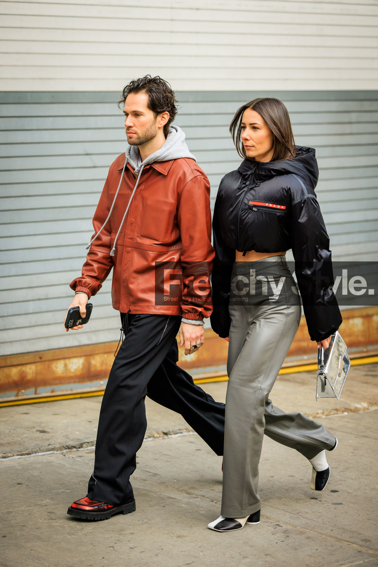 prada linea rosa black bomber jacket, grey leather wideleg pants, black and white boots, corail leather jacket, grey hoodie, flared black pants, red washed out derbies, transparent handbag, transparent acnestudios handbag, alice barbier, JS roques, fashion week, frenchystyle, FW, jonathan paciullo, street style, NYFW, NEW YORK, AUTUMN WINTER 2022-2023, FALL WINTER 2022_2023, FW 22-23, vertical, full length