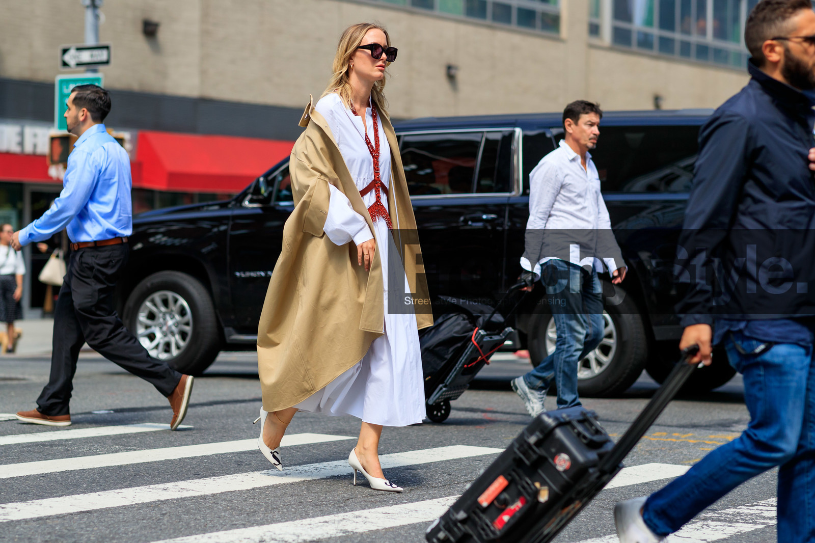 beige coat, harness, high heels, leather shoes, sunglasses, white dress, white shoes, street style, jonathan paciullo, FW, frenchystyle, fashion week, NEW YORK, NYFW, SPRING SUMMER 2020, SS 20, horizontal, atmosphere details, full length