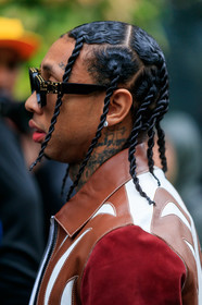 tyga, hair details, close up detail, plaited hair, diamond earrings, louis vuitton sunglasses, studs sunglasses, black sunglasses, golden sunglasses, brown leather jacket, white leather jacket, fashion week, frenchystyle, FW, jonathan paciullo, street style, SPRING SUMMER 2020, SS 20, PFW, PARIS, vertical, atmosphere details, detail