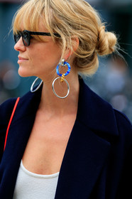 jeanette madsen, round shape earrings, dangling earrings, blue earrings, silvered earrings, close up detail, fashion week, frenchystyle, FW, jonathan paciullo, street style, vertical, atmosphere details, detail, MFW, MILAN, SPRING SUMMER 2020, SS 20