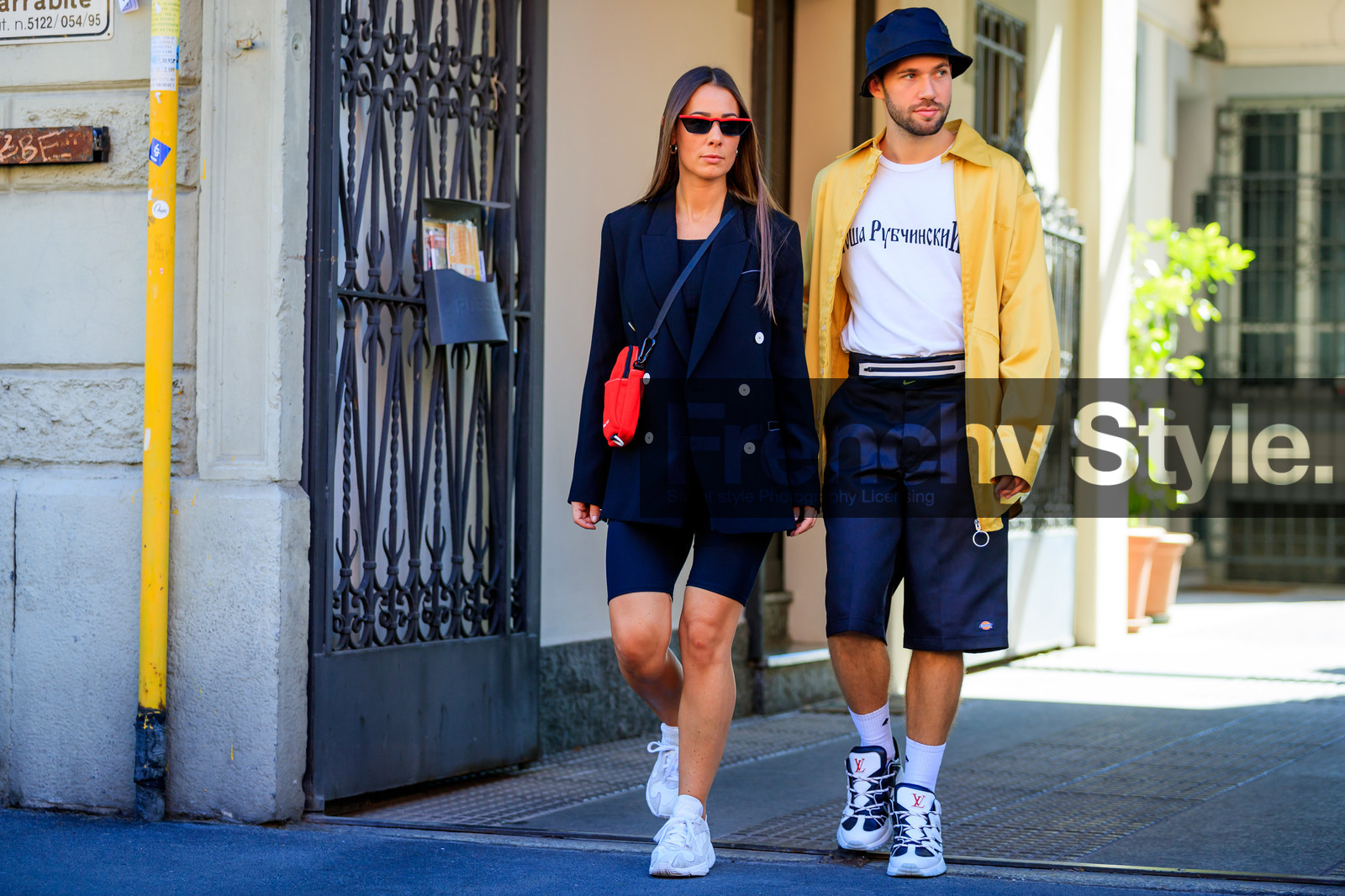 adidas, alice & j.s, beige shirt, black hat, black jacket, black shorts, blazer, graphic top, leather bag, leather shoes, louis vuitton, nike, off white, printed t shirt, red bag, sunglasses, white sneakers, white t shirt, street style, jonathan paciullo, FW, frenchystyle, fashion week, MFW, MILAN, SPRING SUMMER 2019, SS 19, atmosphere details, horizontal, full length