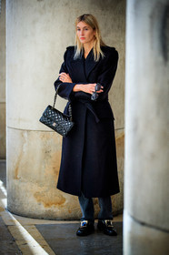 camille charriere, black coat, navy blue coat, black polish bag, polish bag, quilted bag, chanel bag, black leather loafers, golden buckle shoes, roger vivier shoes, black sunglasses, fashion week, frenchystyle, FW, jonathan paciullo, street style, PFW, PARIS, SPRING SUMMER 2021, SS 21, vertical, full length