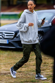 model, light grey hoodie, kaki pants, military pants, converse shoes, black sneackers, j w anderson shoes, fashion week, frenchystyle, FW, jonathan paciullo, street style, SPRING SUMMER 2020, SS 20, PFW, PARIS, vertical, full length