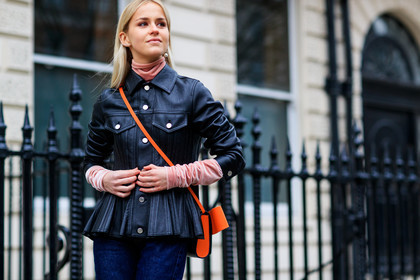 black jacket, blue denim, denim pants, graphic bag, jeans, leather bag, leather jacket, pink sweater, printed bag, trousers, street style, jonathan paciullo, FW, frenchystyle, fashion week, LFW, LONDON, AUTUMN WINTER 2018-2019, AW 18-19, FALL WINTER 2018-2019, FW 18-19, horizontal, atmosphere details, detail