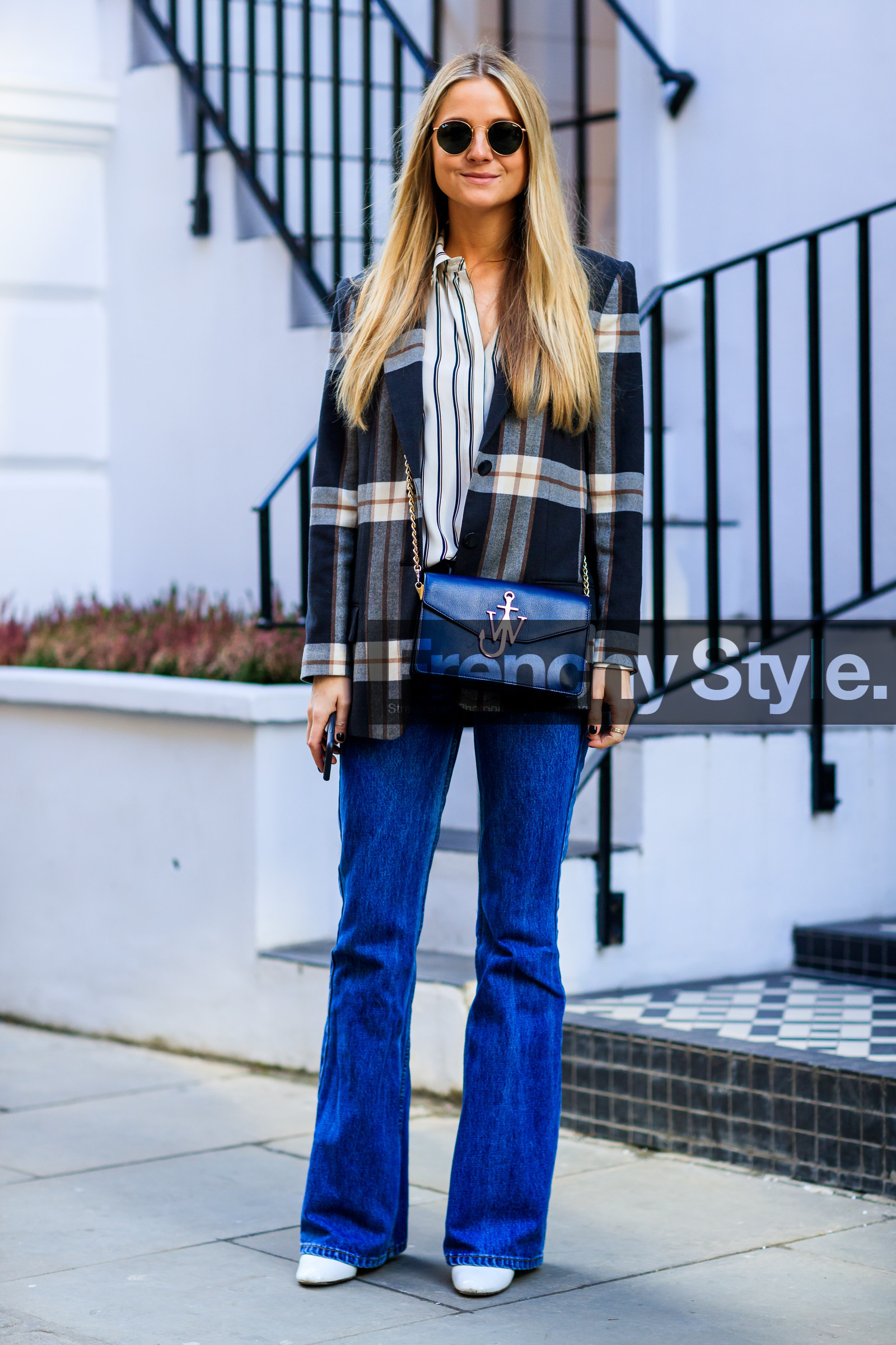 blazer, blue bag, blue denim, checked, denim pants, graphic jacket, graphic shirt, jeans, jw anderson, leather bag, plaid, printed jacket, printed shirt, striped shirt, sunglasses, tartan, trousers, white shirt, street style, jonathan paciullo, FW, frenchystyle, fashion week, LFW, LONDON, AUTUMN WINTER 2018-2019, AW 18-19, FALL WINTER 2018-2019, FW 18-19, vertical, full length, Holly Russell