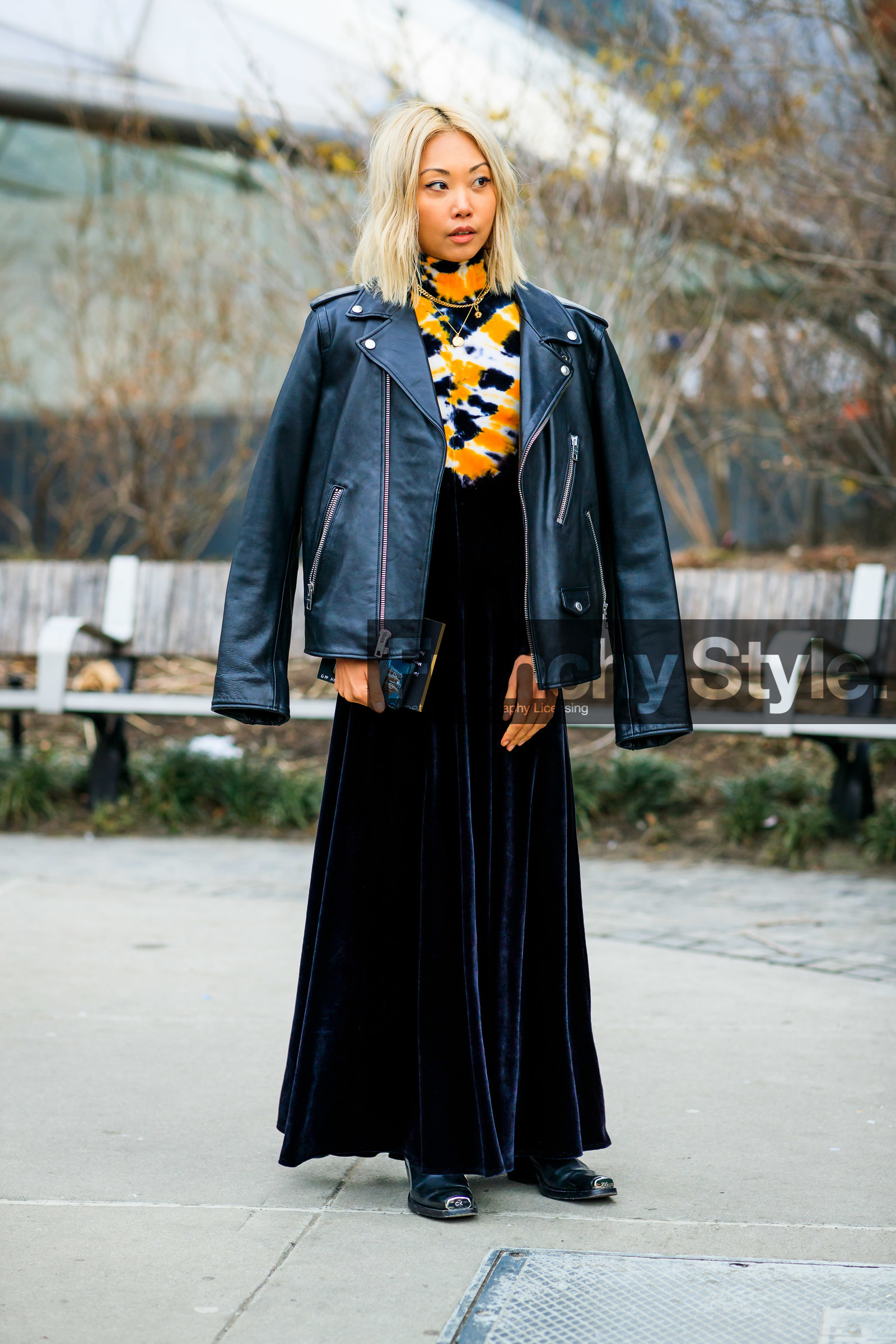 black dress, black jacket, black perfecto, black shoes, calvin klein, graphic dress, leather jacket, leather perfecto, leather shoes, over the shoulder, printed dress, tie & die, vanessa hong, velvet, street style, jonathan paciullo, frenchystyle, NYFW, NEW YORK, AUTUMN WINTER 2019-2020, AW 19-20, FALL WINTER 2019-2020, FW 19-20, fashion week, FW, vertical, full length