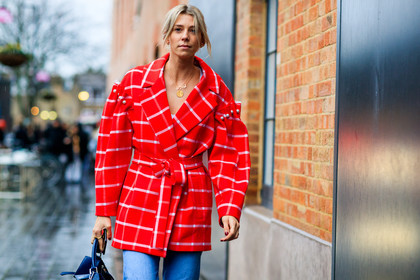 blue denim, checked, denim pants, graphic jacket, jeans, necklace, plaid, printed jacket, red jacket, trousers, street style, jonathan paciullo, FW, frenchystyle, fashion week, LFW, LONDON, AUTUMN WINTER 2018-2019, AW 18-19, FALL WINTER 2018-2019, FW 18-19, horizontal, atmosphere details, detail