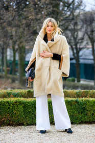 beige coat, black bag, christian dior, denim pants, Fur coat, graphic bag, jeans, leather bag, leather shoes, monogram, printed bag, shearling, trousers, white denim, street style, jonathan paciullo, FW, frenchystyle, fashion week, PFW, PARIS, AUTUMN WINTER 2018-2019, FALL WINTER 2018-2019, FW 18-19, vertical, full length, camille charriere