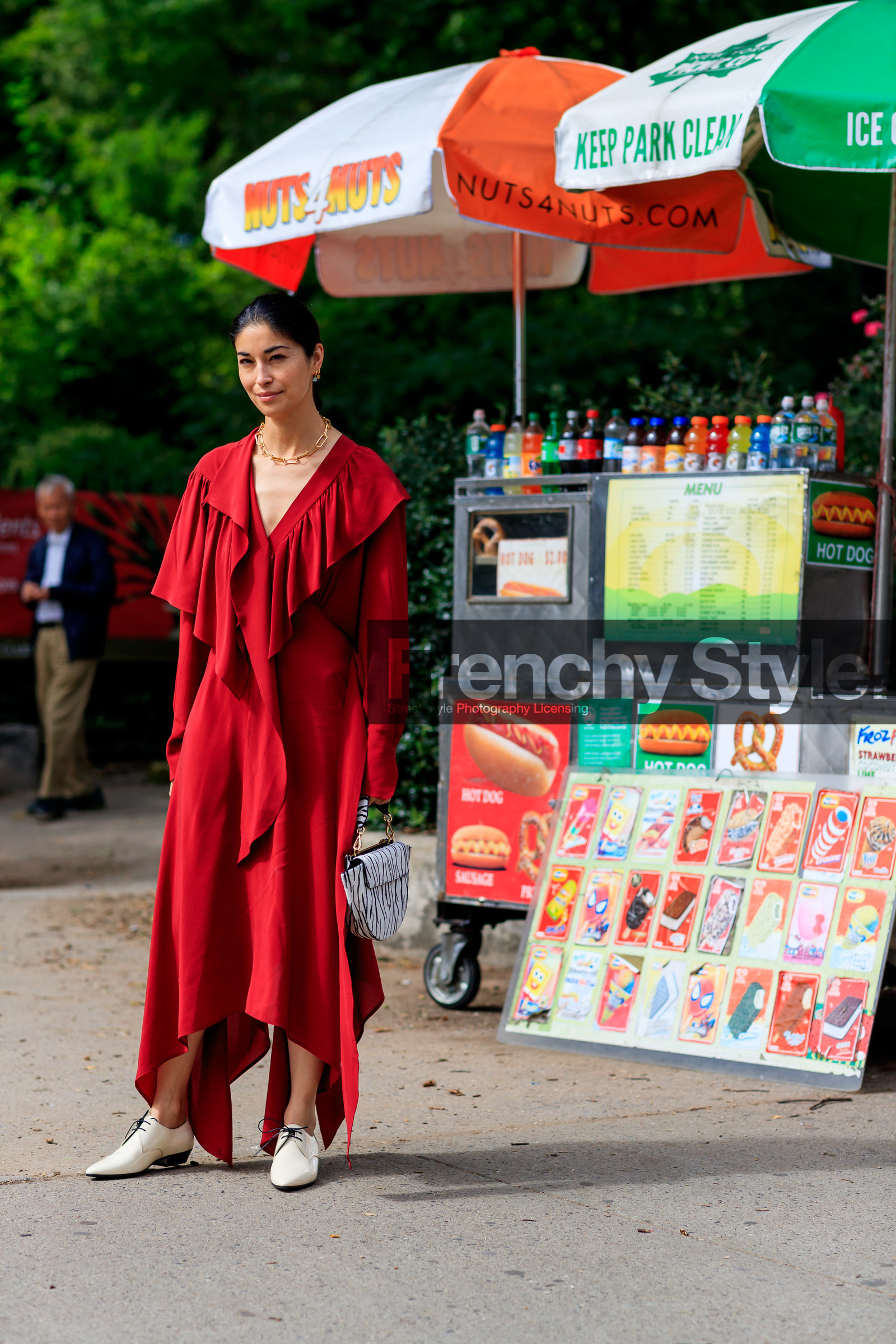 animal print, beige shoes, black and white bag, caroline issa, graphic bag, leather bag, leather shoes, necklace, printed bag, red dress, white shoes, zebra, street style, jonathan paciullo, FW, frenchystyle, fashion week, NEW YORK, NYFW, SPRING SUMMER 2020, SS 20, vertical, full length