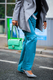 light blue pants, flare pants, grey pumps, balenciaga shoes, light green leather bag, chanel bag, animal skin bag, hand bag, bag detail, close up detail, fashion week, frenchystyle, FW, jonathan paciullo, street style, PFW, PARIS, SPRING SUMMER 2021, SS 21, vertical, atmosphere details, detail