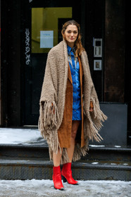beige scarf, black bag, blue denim, brown coat, denim dress, fringes, high heels, leather bag, leather shoes, red boots, sofia sanchez barrenechea, sofia sanchez de betak, street style, jonathan paciullo, frenchystyle, NYFW, NEW YORK, AUTUMN WINTER 2019-2020, AW 19-20, FALL WINTER 2019-2020, FW 19-20, fashion week, FW, vertical, full length