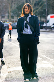 model, Liya Kebede, black jacket, black leather pants, black top, blue shirt, white shirt, striped shirt, turtleneck top, crossbody bag, golden necklace, golden earrings, long necklace, loose pants, fashion week, frenchystyle, FW, jonathan paciullo, street style, PFW, PARIS, vertical, full length