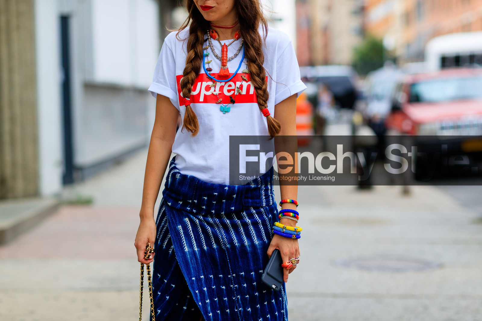 atmosphere details, blue skirt, bracelet, braids, detail, fashion week, frenchystyle, fun jewelry, FW, horizontal, iphone, jonathan paciullo, multicolor, necklace, NEW YORK, NYFW, printed skirt, rings, SPRING SUMMER 2017, SS 17, street style, striped skirt, supreme, white t shirt, woman