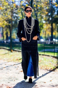 black shoes, chanel, fashion week, frenchystyle, full length, FW, gilda ambrosio, jonathan paciullo, leather shoes, long coat, navy coat, necklace, PARIS, pearls, PFW, SPRING SUMMER 2017, SS 17, street style, sunglasses, vertical, wool coat