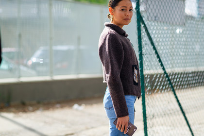 atmosphere details, balenciaga, blue denim, bold shoulders, brown jacket, denim pants, detail, earrings, fashion week, frenchystyle, FW, horizontal, jeans, jonathan paciullo, PARIS, PFW, rachael wang, SPRING SUMMER 2017, SS 17, street style, trousers