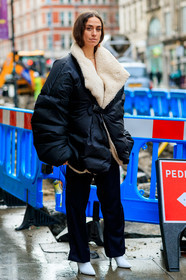 black jacket, down jacket, erika boldrin, high heels, leather shoes, navy pants, oversize, trousers, white shoes, LONDON, LFW, fashion week, frenchystyle, FW, jonathan paciullo, street style, AUTUMN WINTER 2019-2020, AW 19-20, FW 19-20, FALL WINTER 2019-2020, vertical, full length