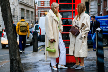 beige coat, brown bag, camille charriere, Fur coat, green bag, grey shoes, leather bag, leather shoes, monica ainley, trousers, white coat, white fur, white pants, white shoes, LONDON, LFW, fashion week, frenchystyle, FW, jonathan paciullo, street style, AUTUMN WINTER 2019-2020, AW 19-20, FW 19-20, FALL WINTER 2019-2020, horizontal, atmosphere details, full length