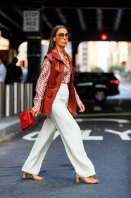 high heels, high waist, leather shoes, alice & j.s, alice barbier, brown jacket, burberry, graphic shirt, high waist, leather bag, leather jacket, monogram, printed shirt, red bag, sleeveless, sunglasses, trousers, street style, jonathan paciullo, FW, frenchystyle, fashion week, NEW YORK, NYFW, SPRING SUMMER 2020, SS 20, vertical, full length