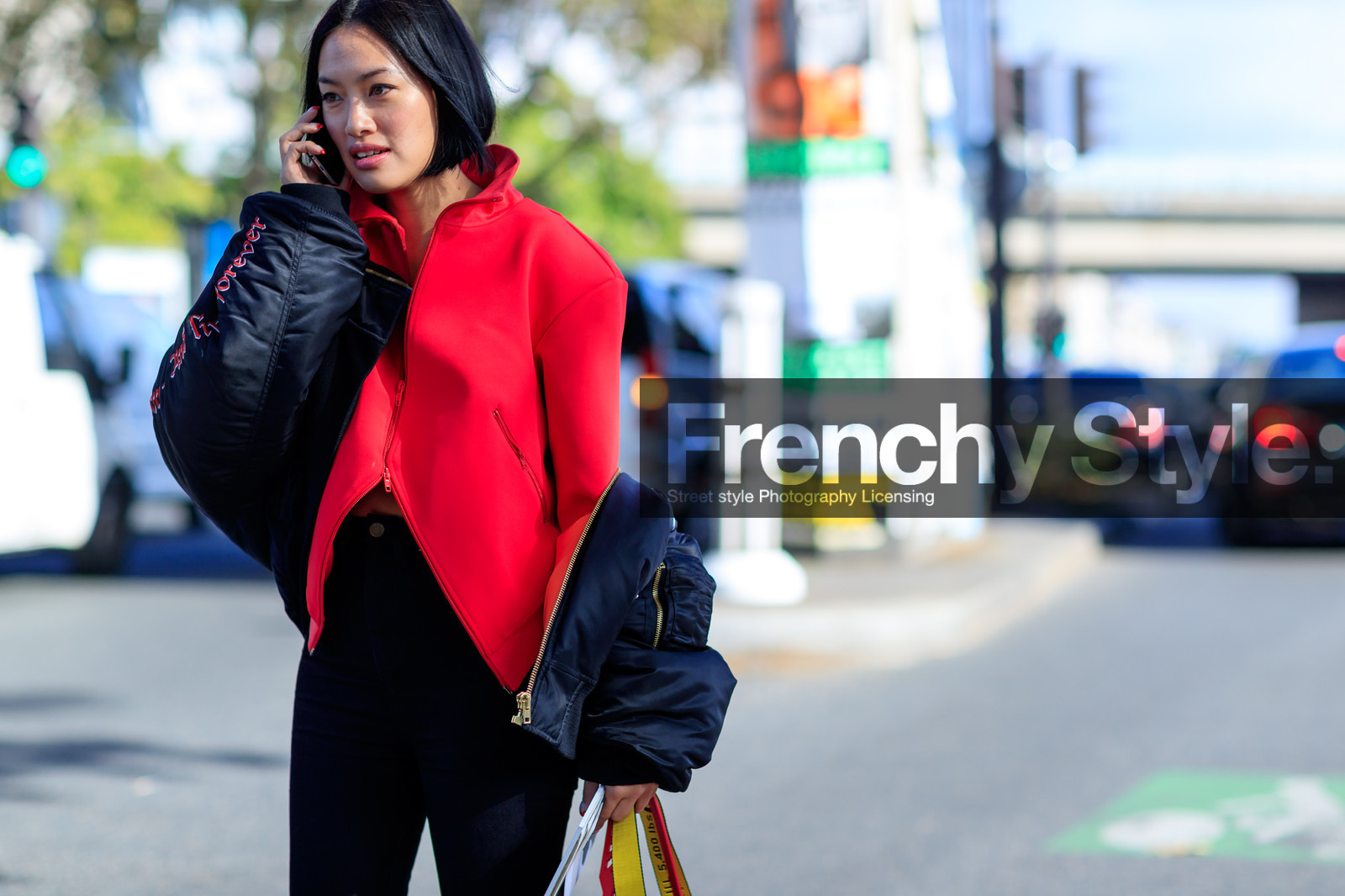 atmosphere details, black denim, black jacket, black pants, bomber jacket, detail, fashion week, frenchystyle, FW, horizontal, jonathan paciullo, off the shoulder, off white, PARIS, PFW, red bag, red sweater, SPRING SUMMER 2017, SS 17, street style, tiffany hsu, trousers, vêtements