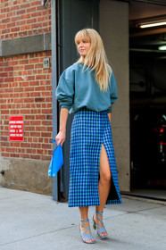 blue bag, blue shoes, blue skirt, checked, graphic skirt, green sweater, high heels, high waist, jeanette madsen, leather shoes, loewe, plaid, printed skirt, tartan, street style, jonathan paciullo, FW, frenchystyle, fashion week, NEW YORK, NYFW, SPRING SUMMER 2020, SS 20, vertical, full length
