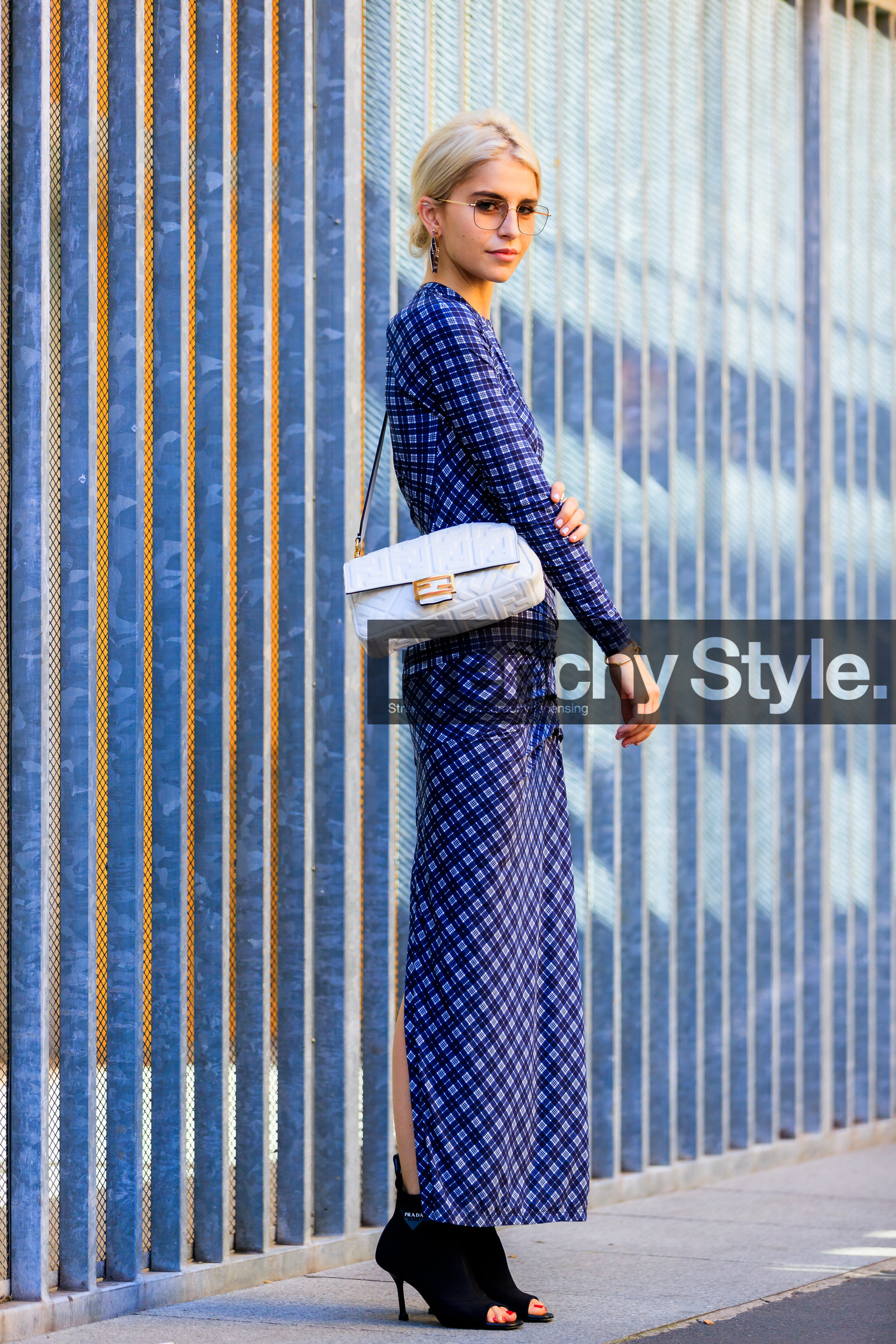 black shoes, blue dress, caro daur, checked, earrings, fendi, graphic bag, graphic dress, high heels, leather bag, leather shoes, monogram, plaid, printed bag, printed dress, white bag, street style, jonathan paciullo, FW, frenchystyle, fashion week, MFW, MILAN, SPRING SUMMER 2019, SS 19, vertical, full length