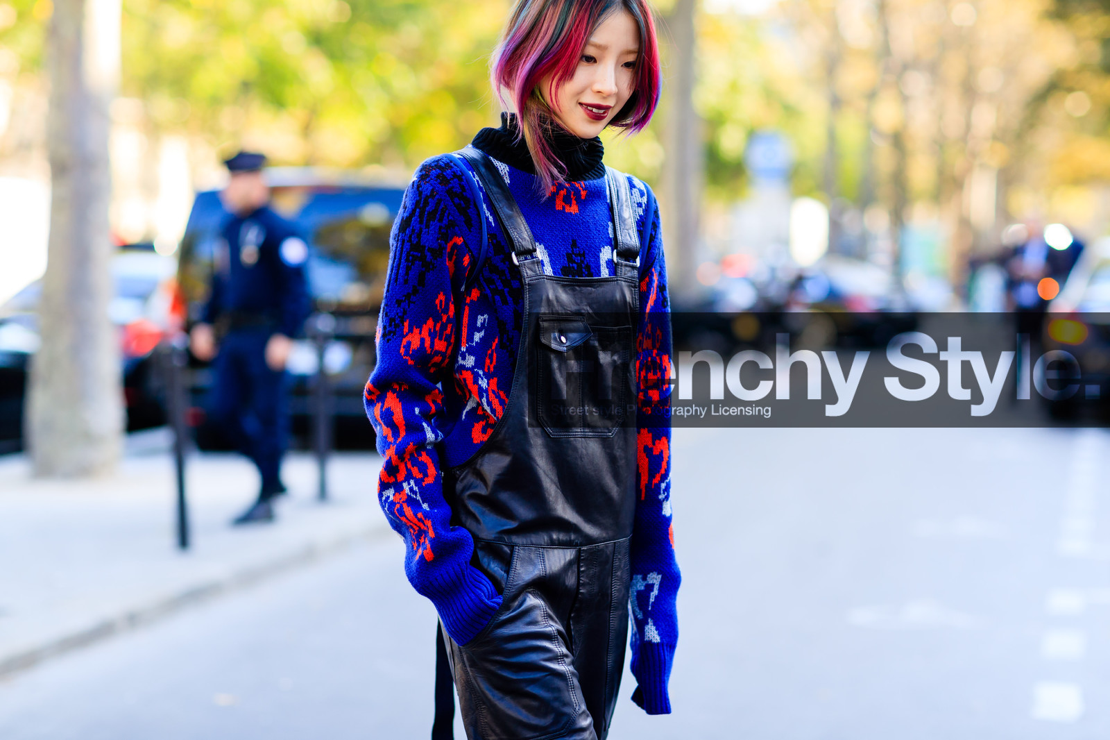 atmosphere details, black overall, blue sweater, detail, dyed hair, fashion week, frenchystyle, FW, horizontal, irene kim, jonathan paciullo, leather overall, PARIS, PFW, pink hair, printed sweater, red hair, sacai, SPRING SUMMER 2017, SS 17, street style, trousers